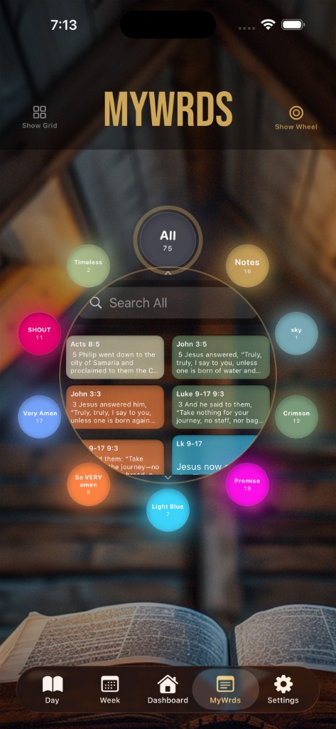 MyWrds — wheel view with categories and saved verses