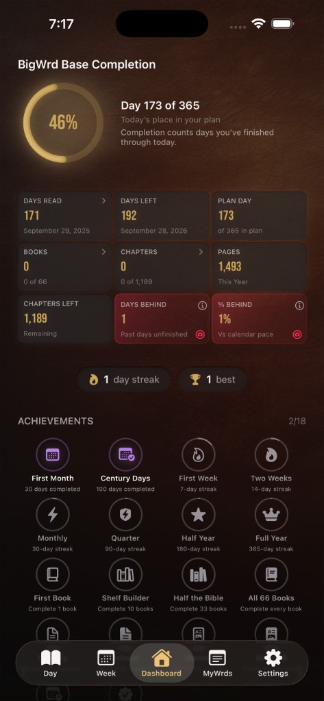 BigWrd Base Completion — streaks, stats, and achievements